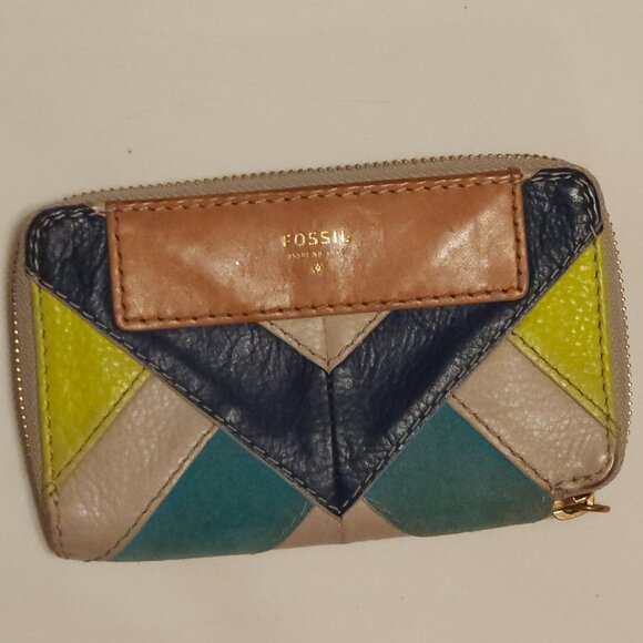 Fossil Amanda Patchwork Leather Zip Clutch Bright Colours Turquoise Lime Green - Picture 1 of 4